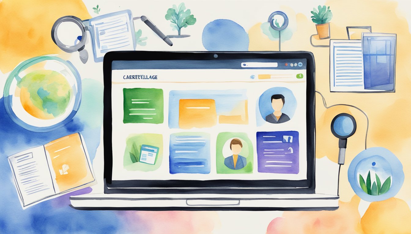 A laptop displaying CareerVillage website with 6 counseling resources.</p><p>Icons for career fields surround the screen