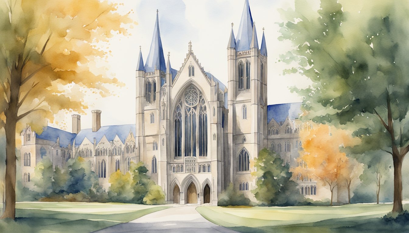 The scene shows the iconic gothic architecture of Duke University, with six college emblems representing top pre-med programs