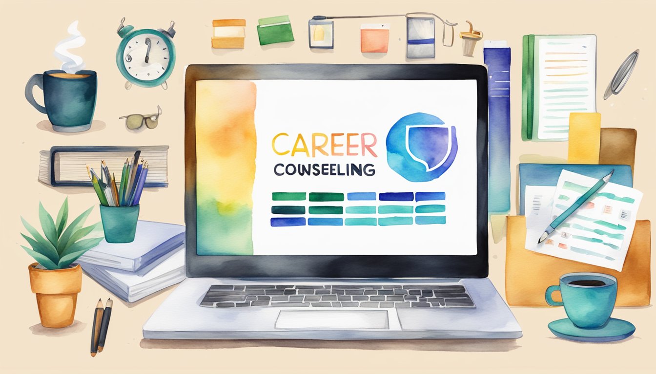 A laptop displaying 6 online career counseling resources with logos and descriptions, surrounded by a variety of office supplies and a cup of coffee