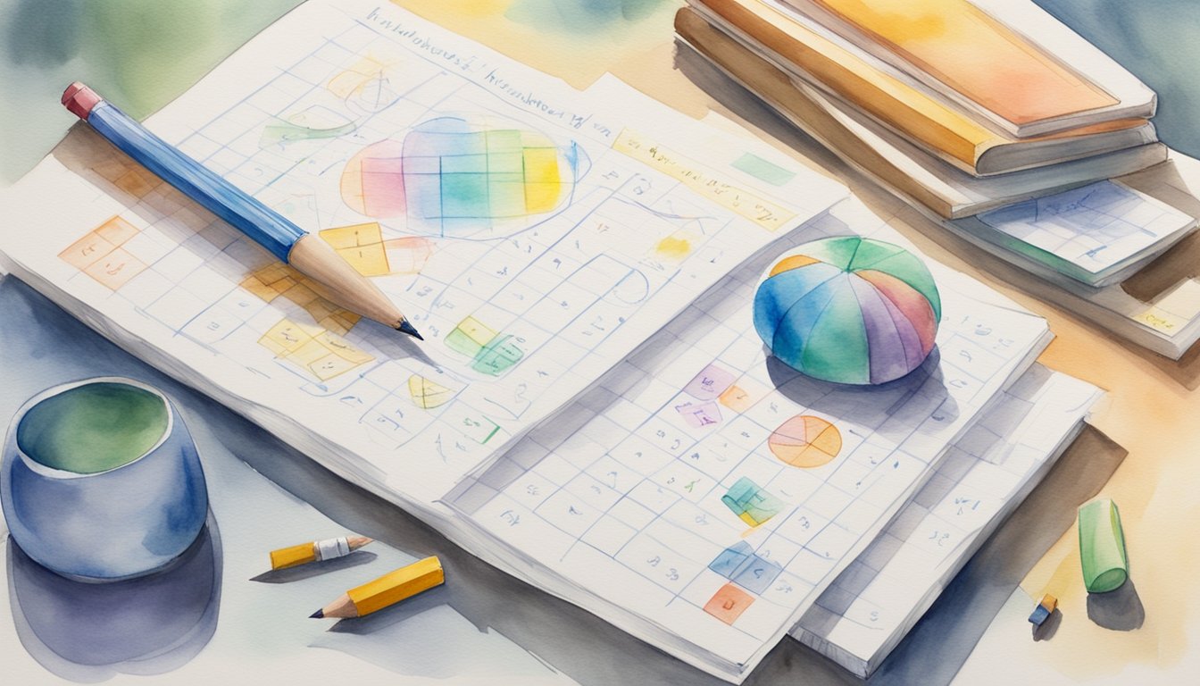 A child's math homework spread out on a table, with a pencil, eraser, and ruler nearby.</p><p>A step-by-step guide to solving problems is visible, with numbers and equations