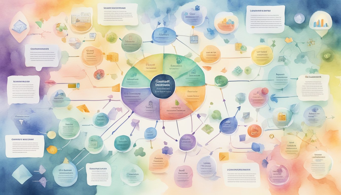 Colorful mind maps surround a central project title.</p><p>Icons and text boxes organize ideas and tasks.</p><p>Arrows connect related items