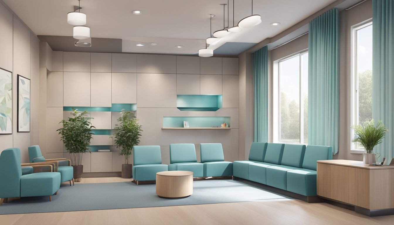 A modern cardiology clinic with sleek furniture, medical equipment, and a calming color scheme. The reception area features a welcoming desk and waiting area for patients