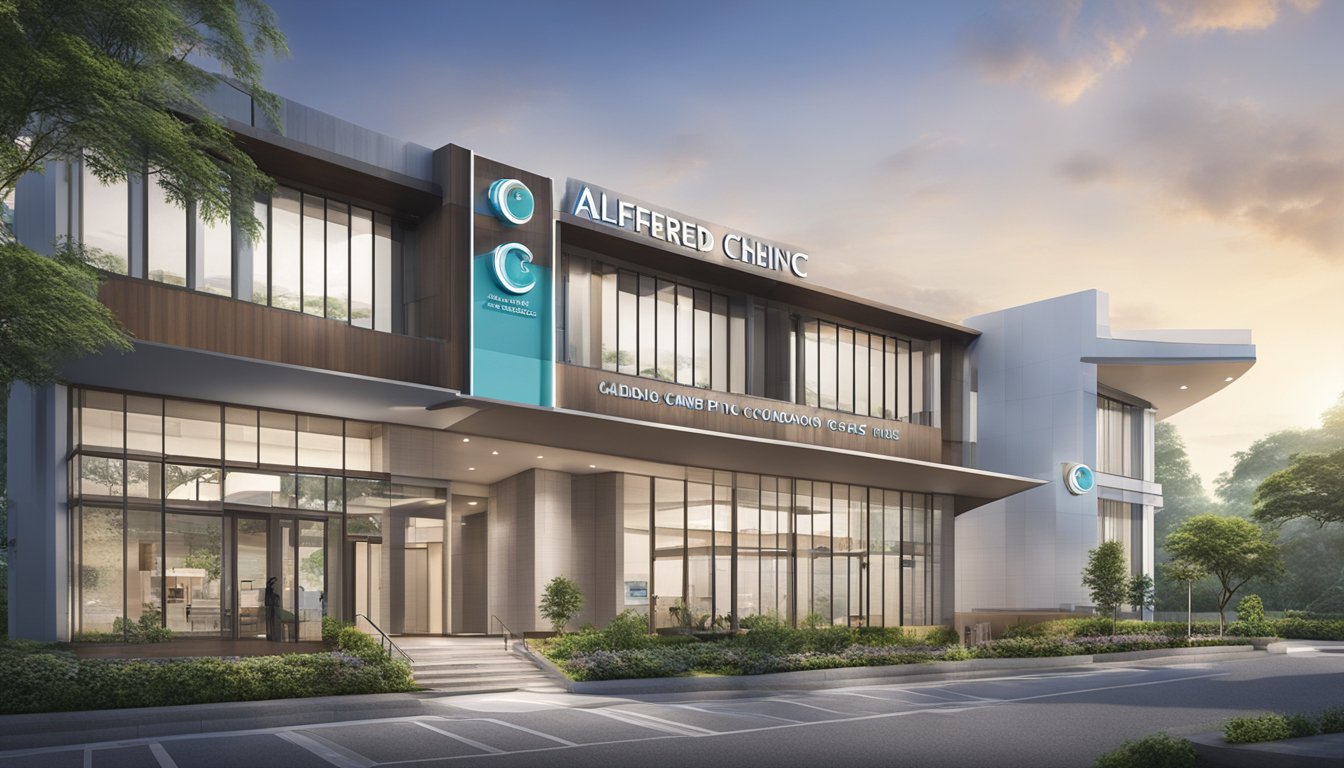 The clinic's sign, "Alfred Cheng Cardiac Care Pte Ltd - Cardiology Clinic Review," hangs above a modern building with large windows and a welcoming entrance