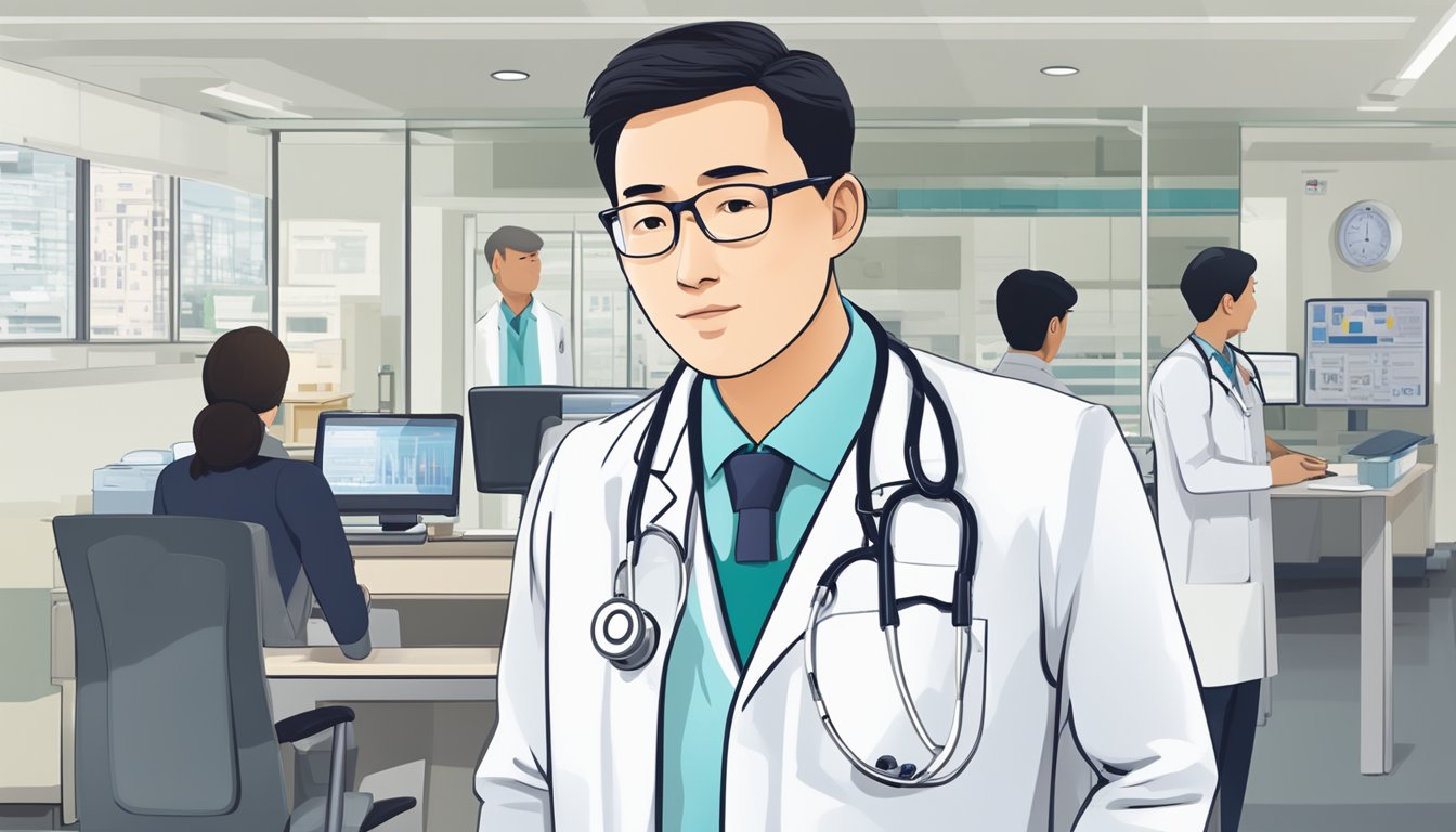 A doctor in a white lab coat stands in front of a sign that reads "Doctor Expertise Alfred Cheng Cardiac Care Pte Ltd - Cardiology Clinic Review." The doctor has a stethoscope around their neck and is holding a clipboard