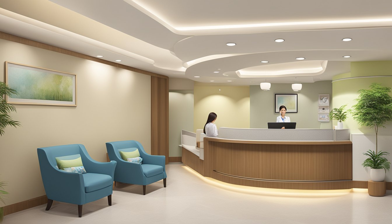 The waiting area of Alfred Cheng Cardiac Care Pte Ltd is filled with comfortable chairs and soft lighting, creating a calm and soothing atmosphere for patients. A receptionist desk is visible, with a friendly staff member assisting a patient