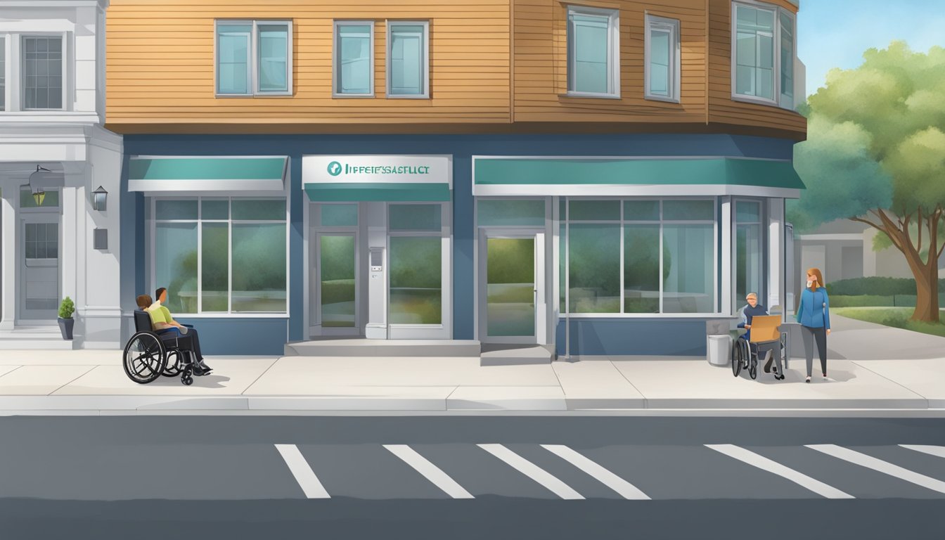 The clinic is located on a bustling street corner, with a clear sign and wheelchair ramp for accessibility