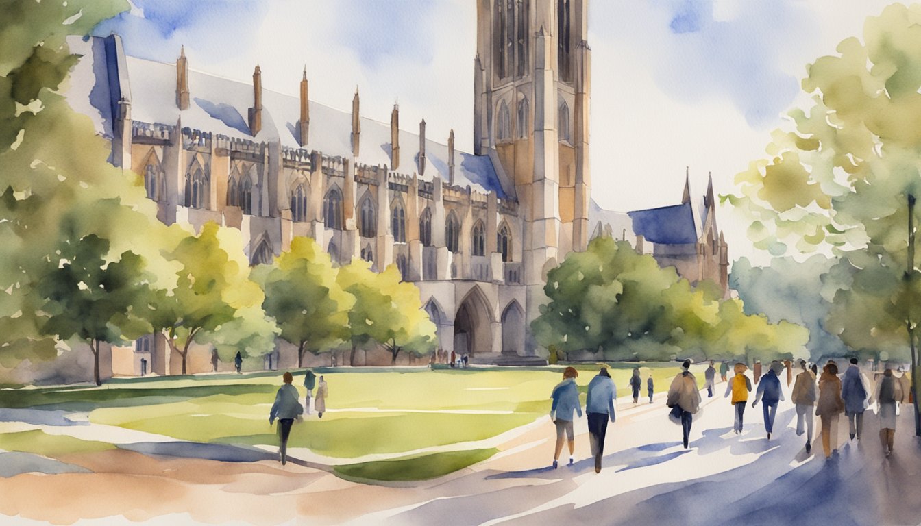 A bustling campus with iconic Gothic architecture, students walking to class, and a prominent "Duke University" sign