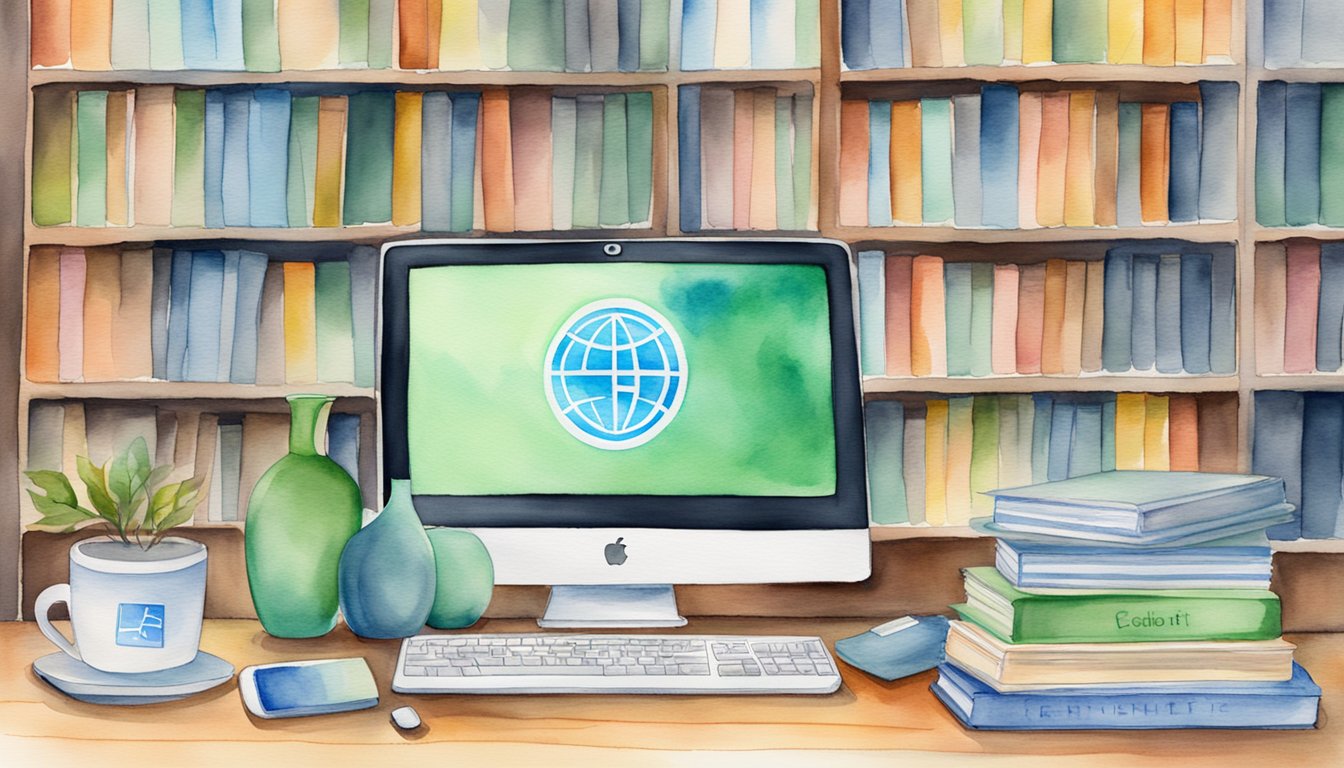 A computer with a Goethe-Institut logo on the screen, surrounded by books and a notebook with German vocabulary