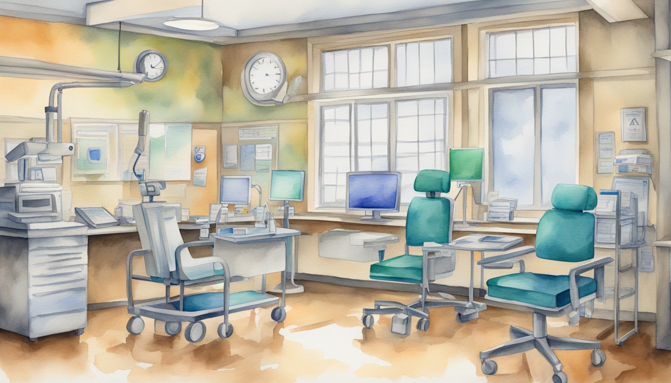 A hospital setting with medical equipment, computers, and textbooks.</p><p>A diploma on the wall and a sign for "Career Opportunities with a Healthcare Degree"