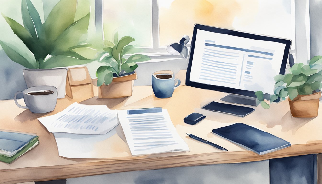 A desk with a computer, paper, and pen.</p><p>A resume template on the screen.</p><p>A coffee mug and a plant on the desk