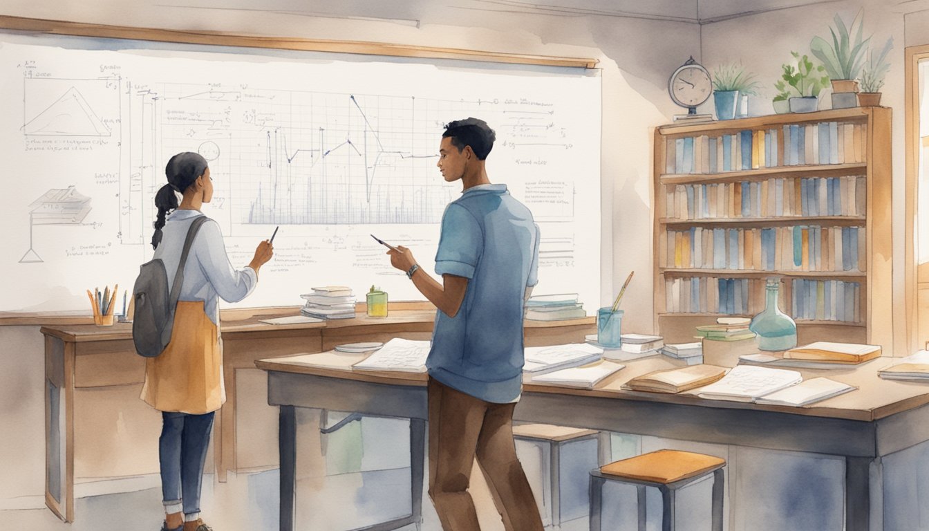 A student sits at a desk with a textbook and notebook, while a tutor stands nearby, pointing to a diagram on a whiteboard.</p><p>Chemistry equations and diagrams adorn the walls