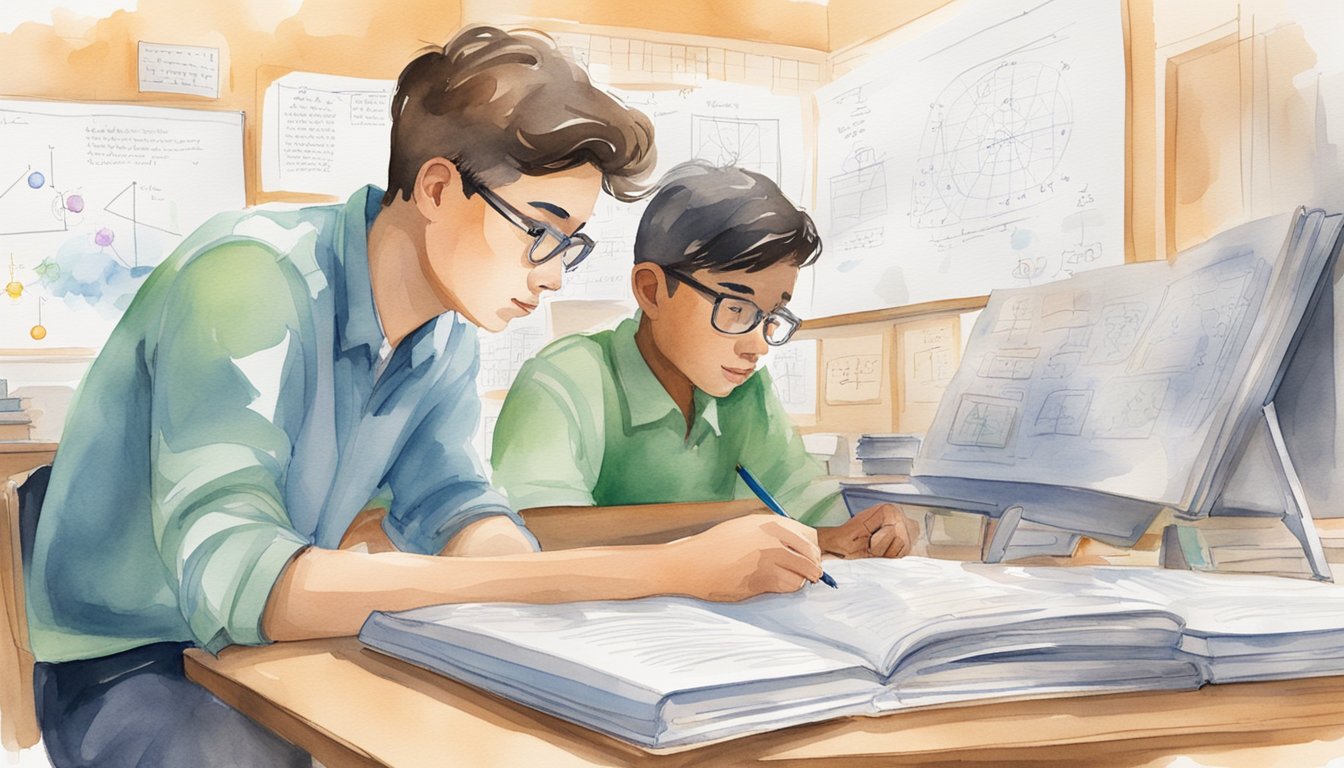 A student sits at a desk with a physics textbook open, while a tutor stands nearby explaining a concept.</p><p>A whiteboard displays equations and diagrams