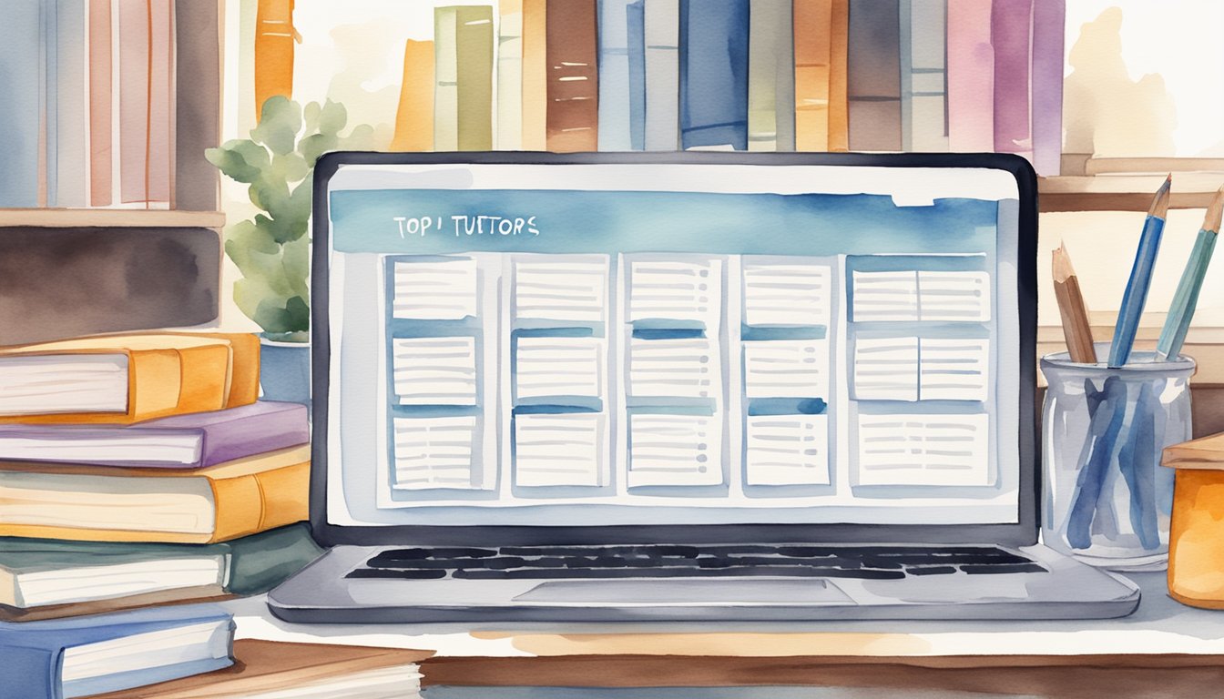 A laptop displaying a list of top online tutors for college prep, surrounded by books, notebooks, and a calendar, with a cozy study space in the background