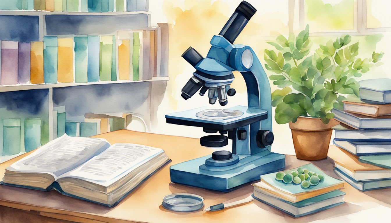 A microscope focused on a slide with plant cells, surrounded by textbooks and scientific equipment in a well-lit high school classroom