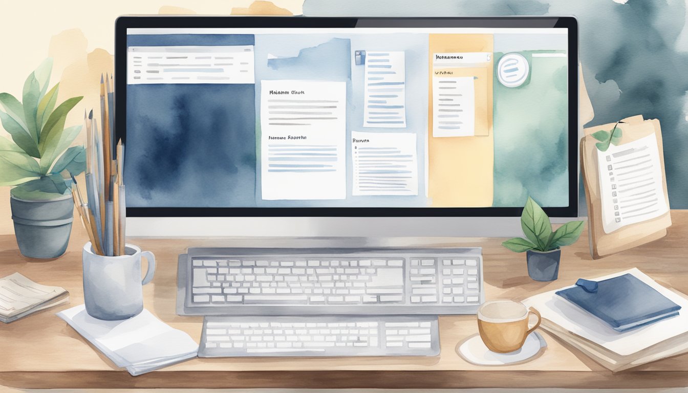 A desk with a computer, various resume templates on the screen, a list of features to look for, and the logos of 6 different resume builder websites displayed on the monitor