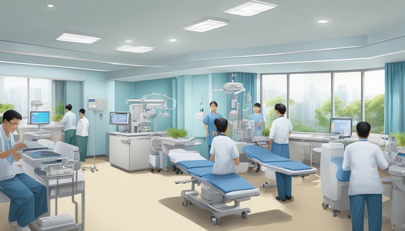 The bustling cardiology clinic at Ng Teng Fong General Hospital, filled with patients and medical staff, with state-of-the-art equipment and comfortable seating