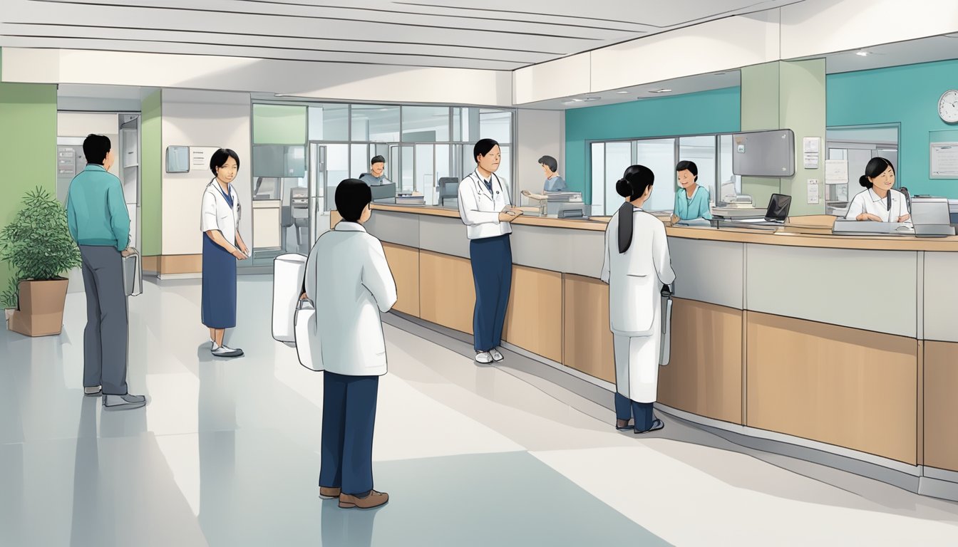A bustling cardiology clinic at Ng Teng Fong General Hospital, with patients checking in at the reception desk and medical staff moving about