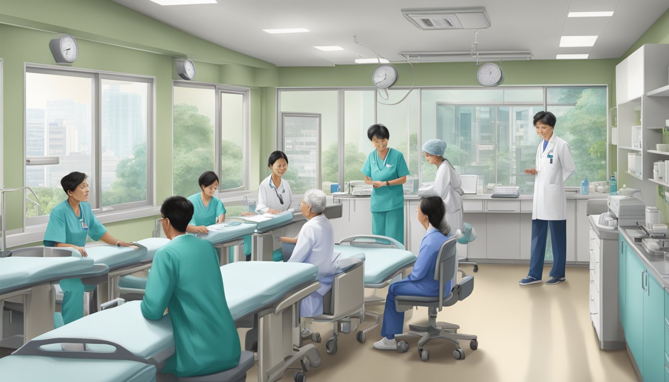 The bustling cardiology clinic at Doctor Expertise Ng Teng Fong General Hospital, with patients waiting, doctors consulting, and medical equipment in use