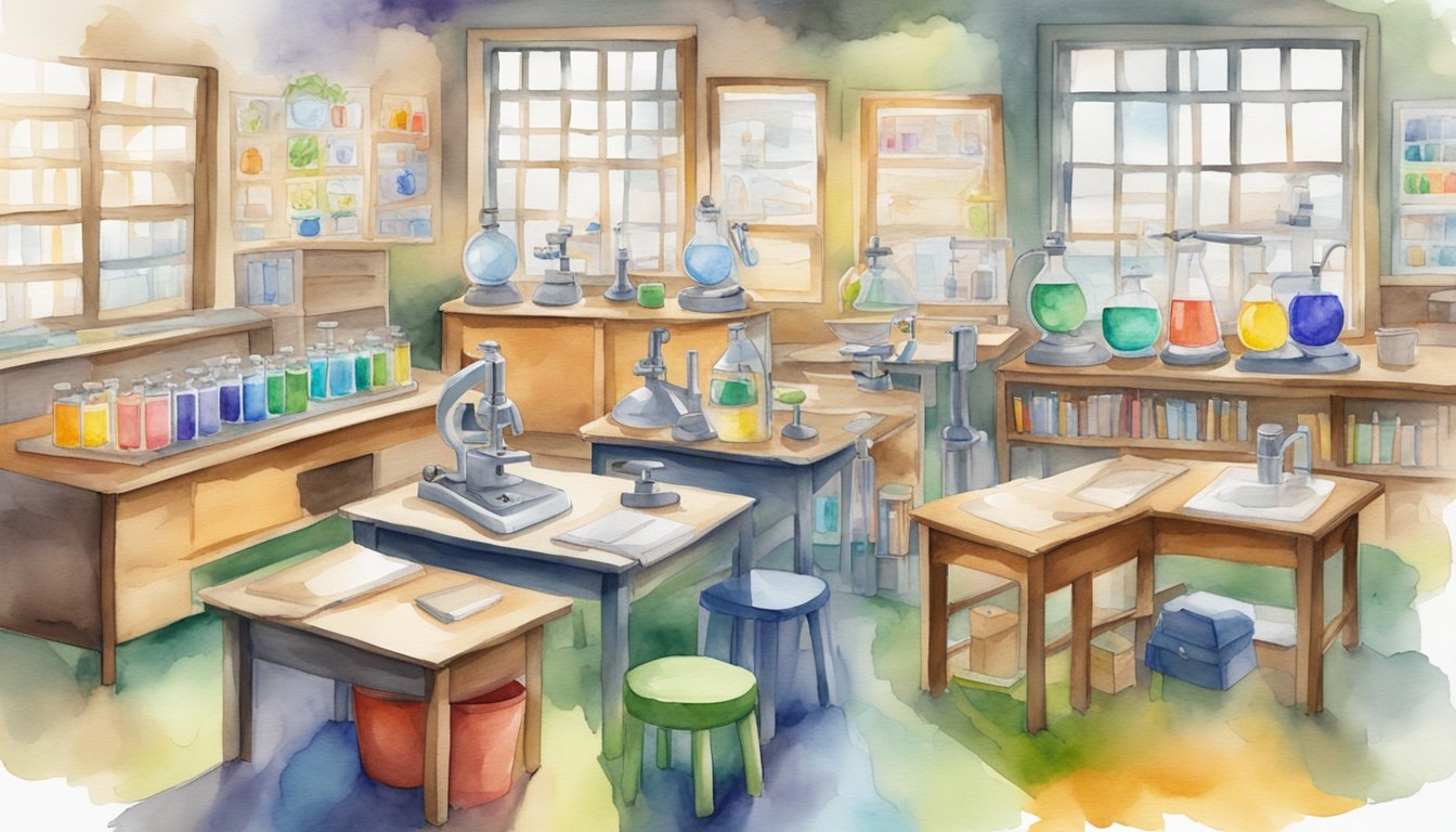 A colorful classroom filled with science equipment and educational materials, with six different tutoring options displayed on a board