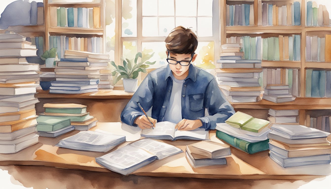 A student sits at a desk surrounded by textbooks and notes, carefully comparing different science tutoring services for high school