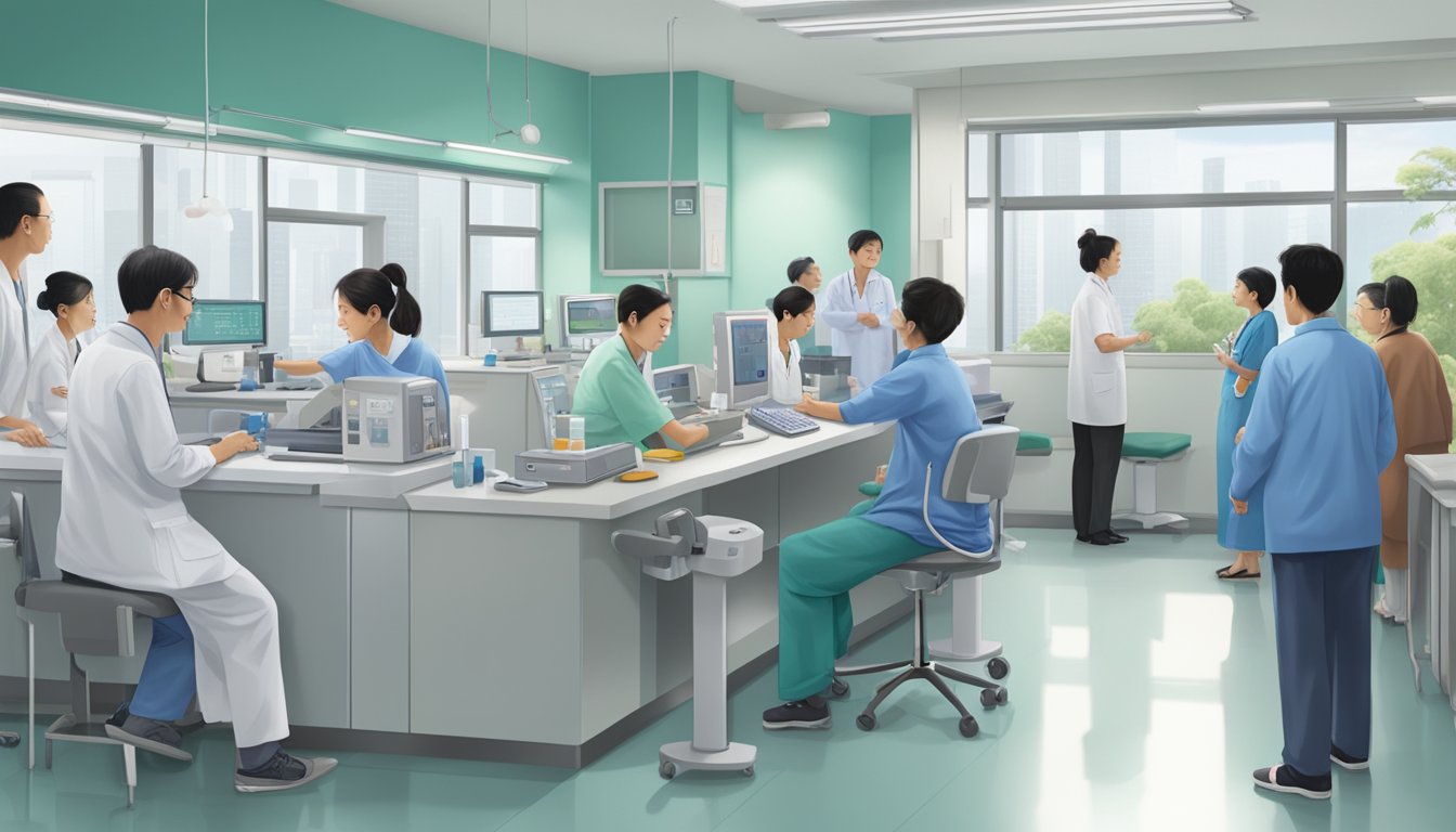 A bustling cardiology clinic at Ng Teng Fong General Hospital, with patients waiting, doctors consulting, and medical equipment in use