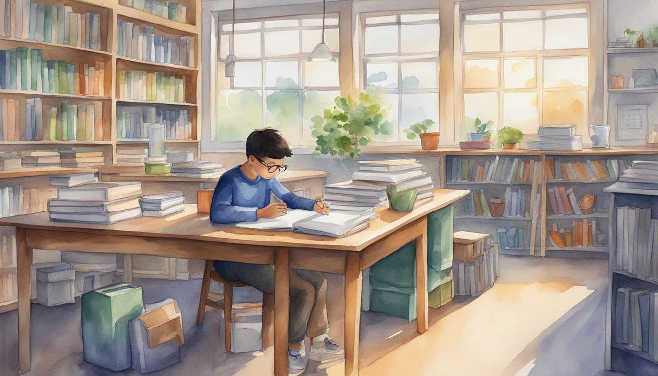 A student sits at a desk, surrounded by six different science tutoring options.</p><p>Books, online resources, and a tutor are all depicted as possible choices for the student to consider