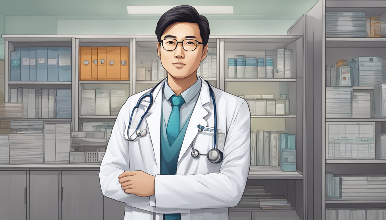 A doctor in a white coat stands in front of a sign reading "Dr Eric Hong - EH Heart Specialist Private Limited | SG Cardiologist."