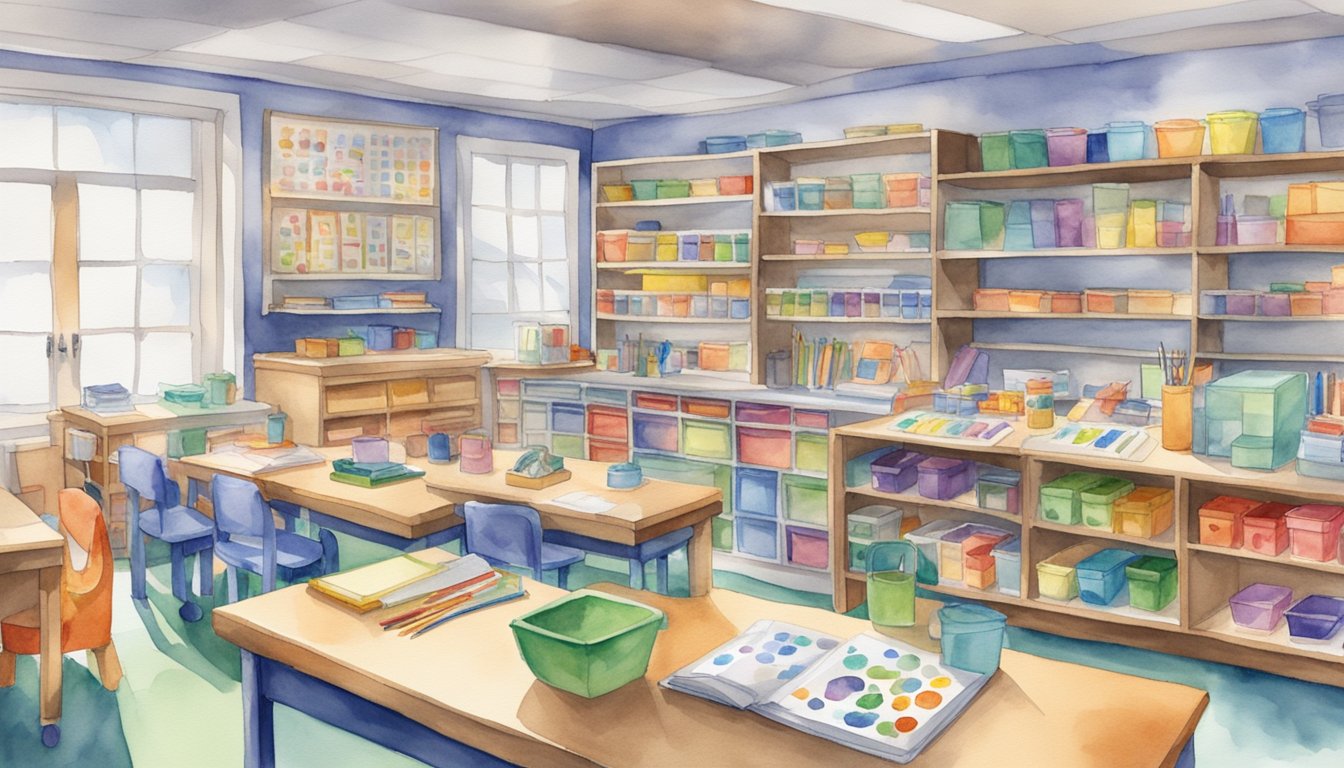 A classroom filled with diverse special education tools, including visual aids, sensory equipment, and adaptive technology, arranged neatly on shelves and tables