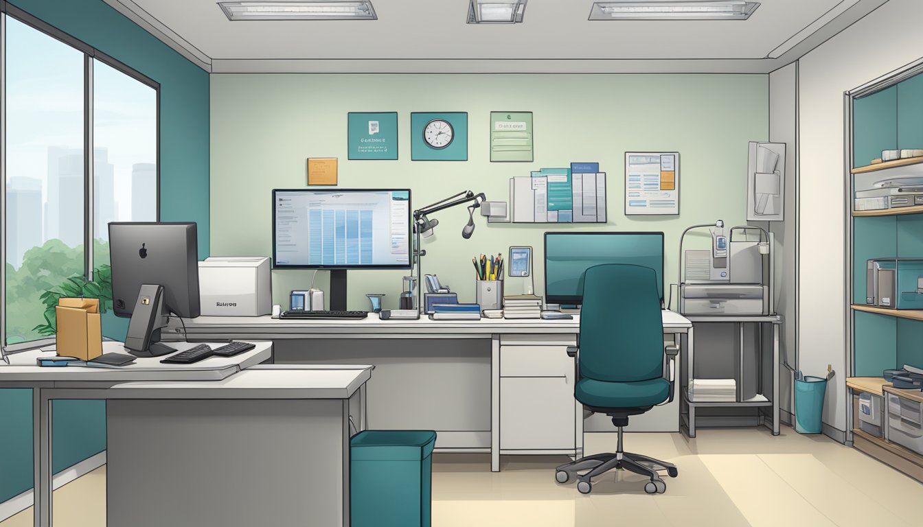 Dr. Eric Hong's office: modern, clean, and professional. A desk with a computer, medical equipment, and a sign with the clinic's name