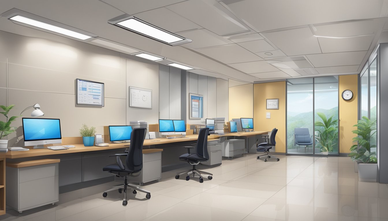 A modern, professional office with Dr. Eric Hong's name and title prominently displayed. The sign indicates "EH Heart Specialist Private Limited" and "SG Cardiologist." Operating hours are also listed
