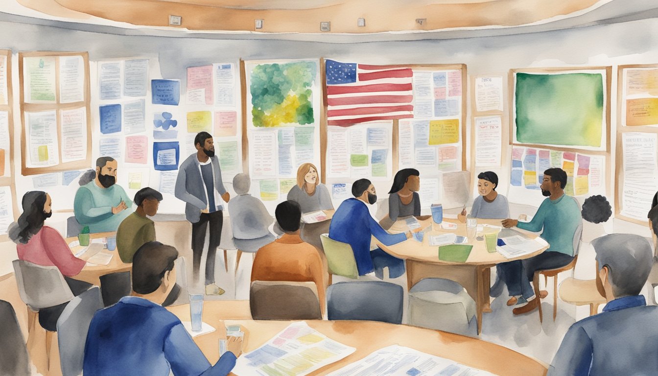 A group of professionals from diverse backgrounds engage in language exchange at LINGO 7.</p><p>Tables are arranged in a circle, with people conversing in different languages.</p><p>Posters of flags and language-related quotes adorn the walls