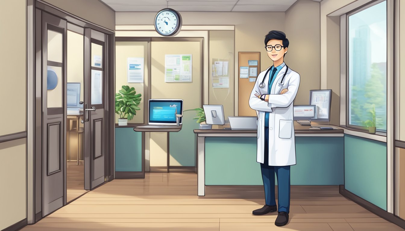 A doctor's office with a sign "Frequently Asked Questions Dr Eric Hong - EH Heart Specialist Private Limited | SG Cardiologist" on the door