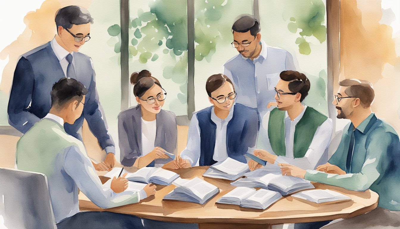 A group of professionals gather around a table, each holding a different language textbook.</p><p>They engage in lively conversation, exchanging knowledge and practicing their language skills