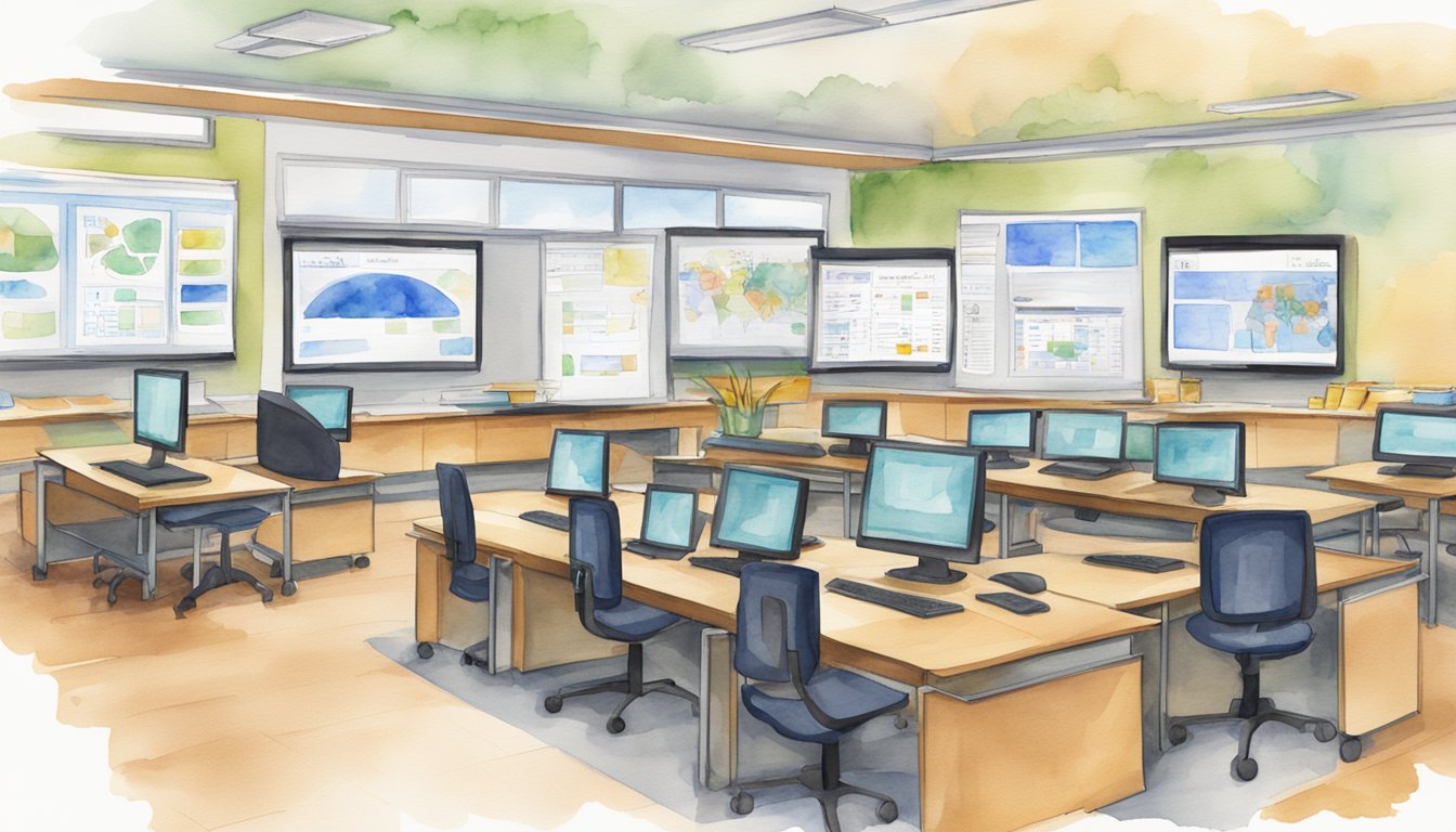 A classroom setting with seven computer screens displaying various learning management systems for K-12 schools.</p><p>Each screen shows different features such as interactive modules, progress tracking, and communication tools