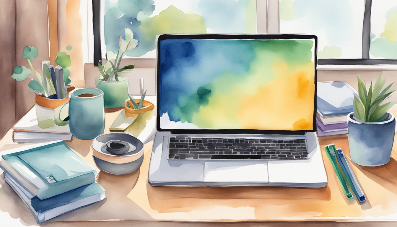 A desk with a laptop and school books, surrounded by exercise equipment like a yoga mat and resistance bands.</p><p>A timer set for short breaks