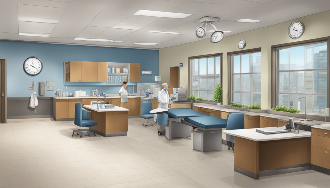 The scene depicts a modern cardiology clinic with Dr. Sheldon Lee's name prominently displayed. The clinic exudes professionalism and expertise