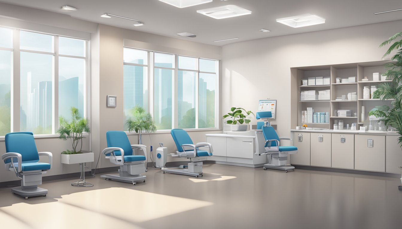 The scene depicts a modern cardiology clinic with the name "Forte Cardiology Clinic" prominently displayed. The surroundings are professional and inviting, with a sense of expertise and care