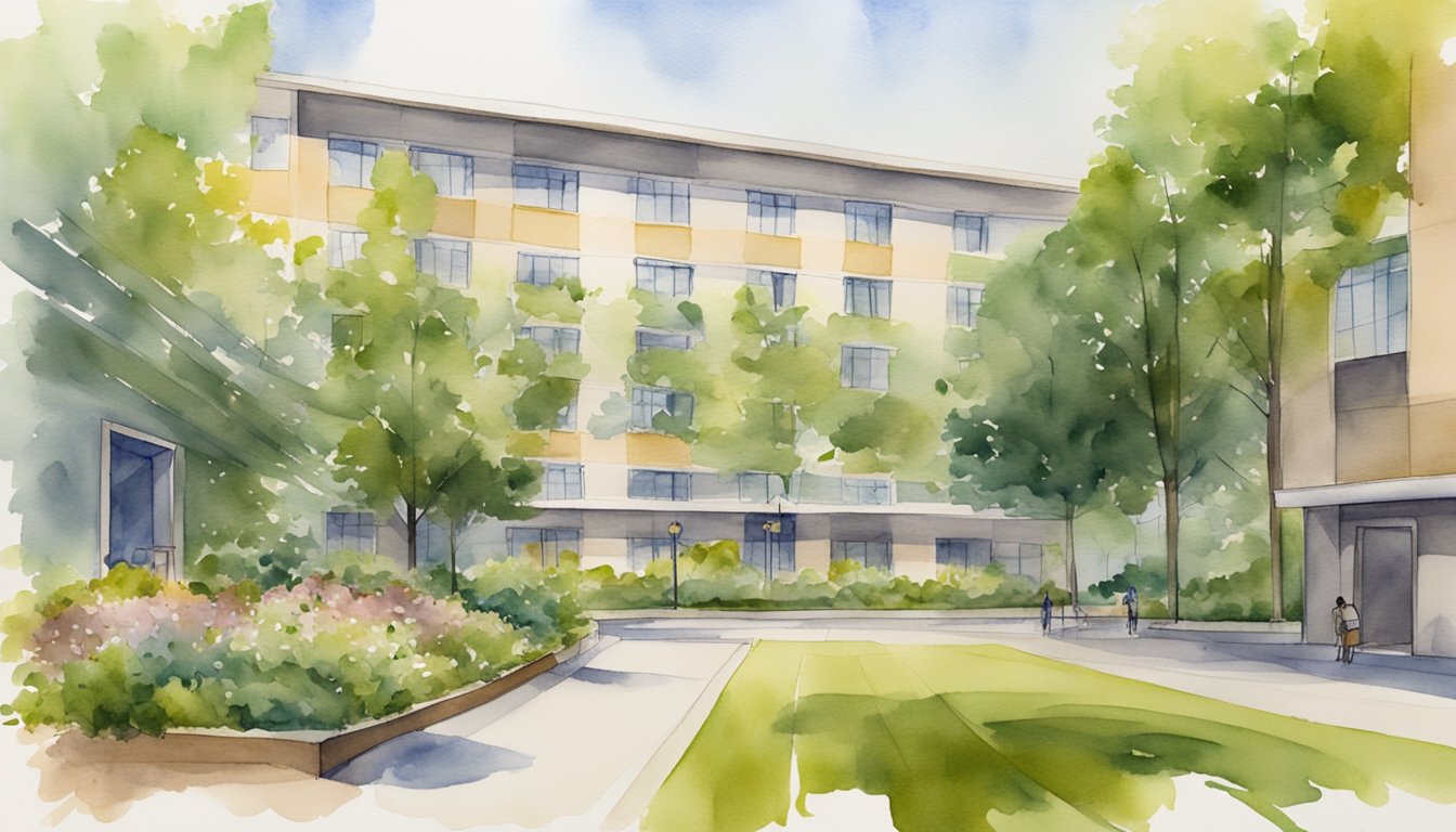 A dorm building with a clear path to campus buildings, surrounded by greenery and with ample parking spaces