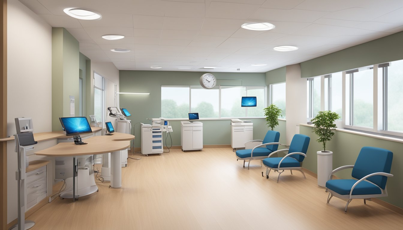 A modern cardiology clinic with state-of-the-art equipment and a calming atmosphere. The reception area is welcoming, and the exam rooms are spacious and well-equipped