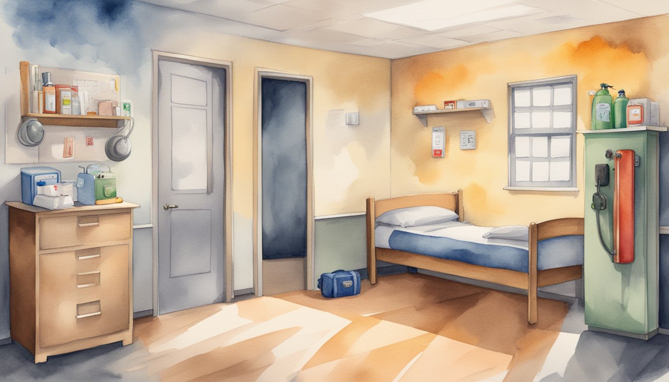 A dorm room with a sturdy door lock, smoke detector, fire extinguisher, first aid kit, and well-lit pathways.</p><p>A college logo on the wall