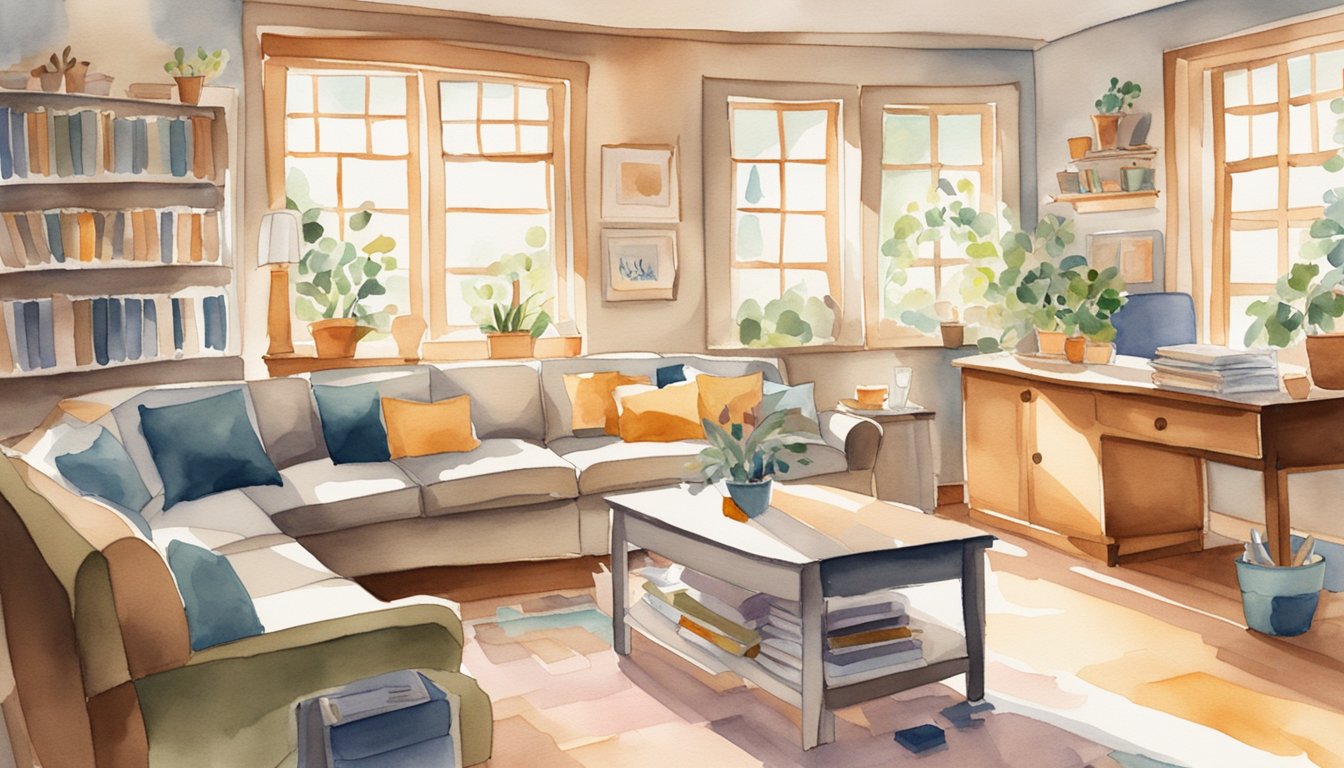 A cozy living room with a large table strewn with homeschooling materials.</p><p>A calendar on the wall outlines the daily routine.</p><p>Sunlight streams in through the window, casting a warm glow over the room