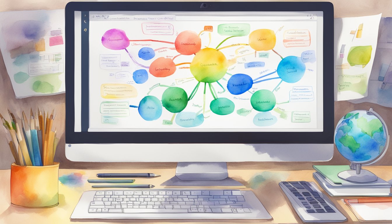 Colorful mind maps and various academic tools arranged on a desk, with a computer screen displaying a mind mapping software interface