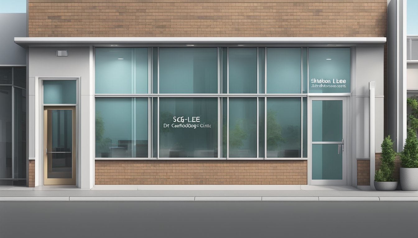 A modern clinic exterior with clear signage displaying "Dr Sheldon Lee - Forte Cardiology Clinic | SG Cardiologist" and operating hours