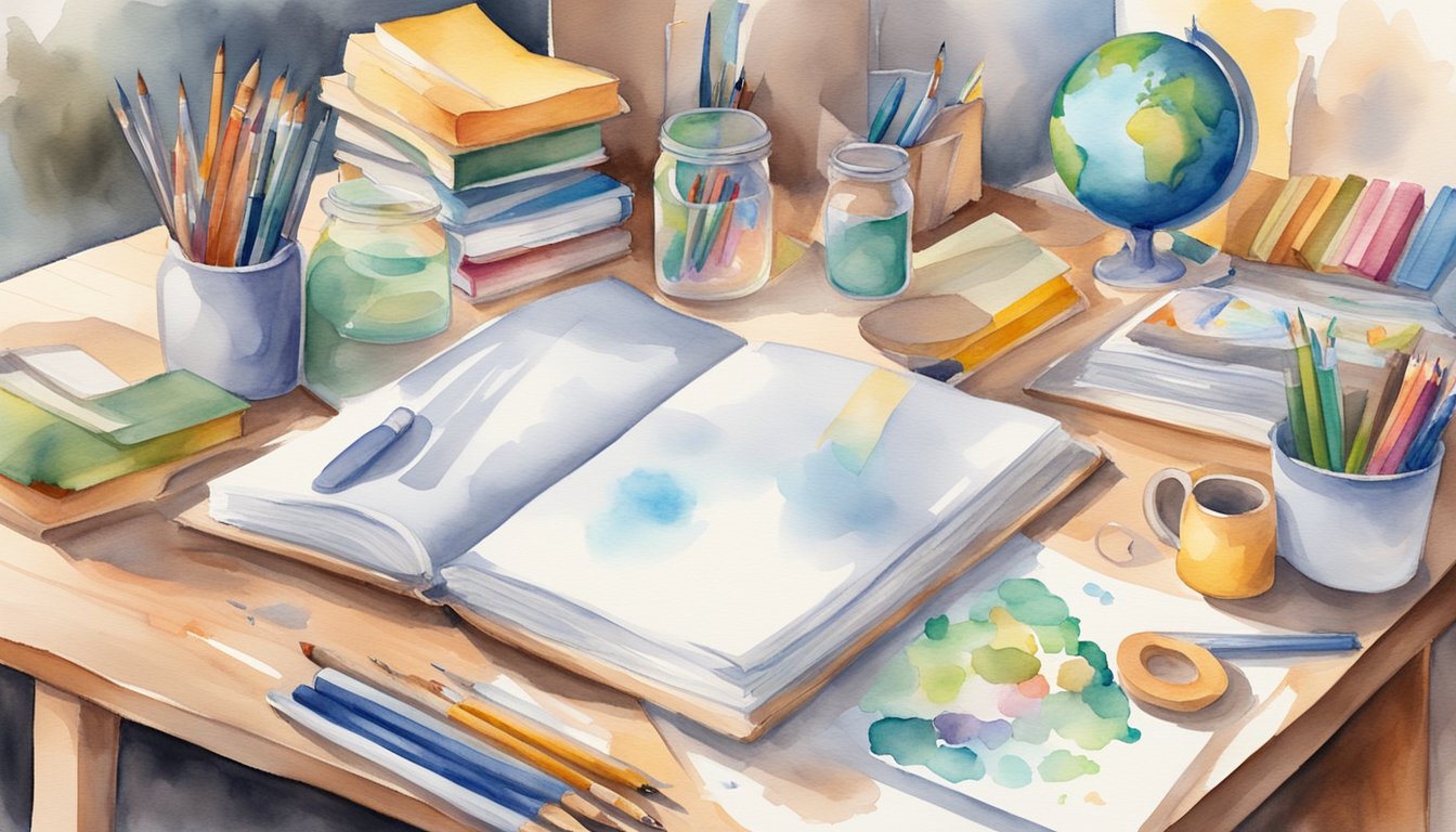 A cozy homeschooling scene with books, art supplies, and educational materials spread out on a table.</p><p>A whiteboard displays a daily routine, while hands-on learning tools are neatly organized nearby