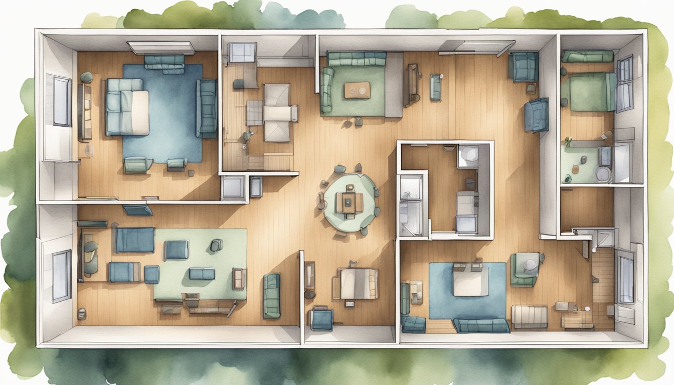 A dormitory floor plan with various room types, common areas, and amenities.</p><p>Rooms are labeled with different features to help students choose the right dorm