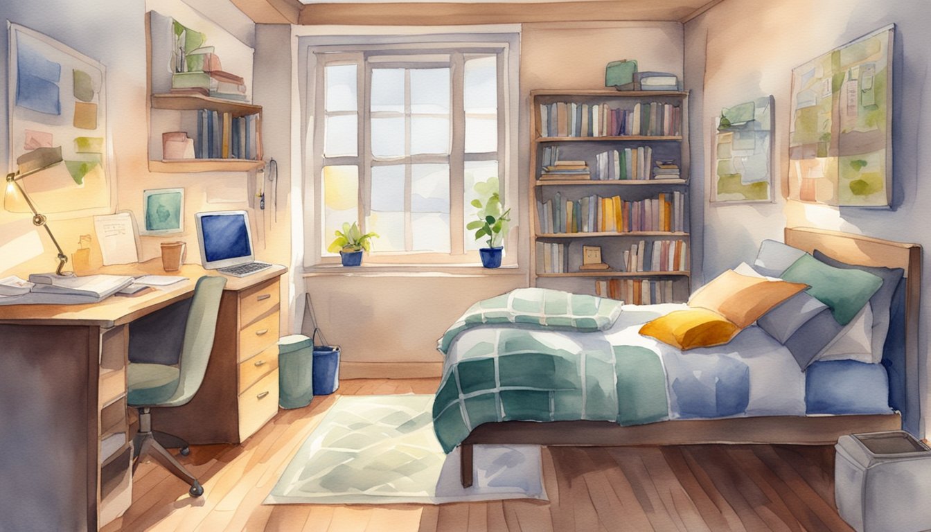 A cozy college dorm room with a comfortable bed, study desk, mini-fridge, and ample storage.</p><p>Bright, natural lighting streams in through a large window, creating a warm and inviting atmosphere