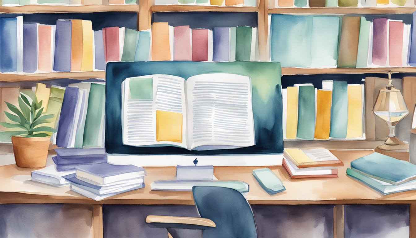 A bookshelf filled with academic journals and published works, with a computer open to a webpage displaying the article "6 Tips for Finding the Right College Advisor"