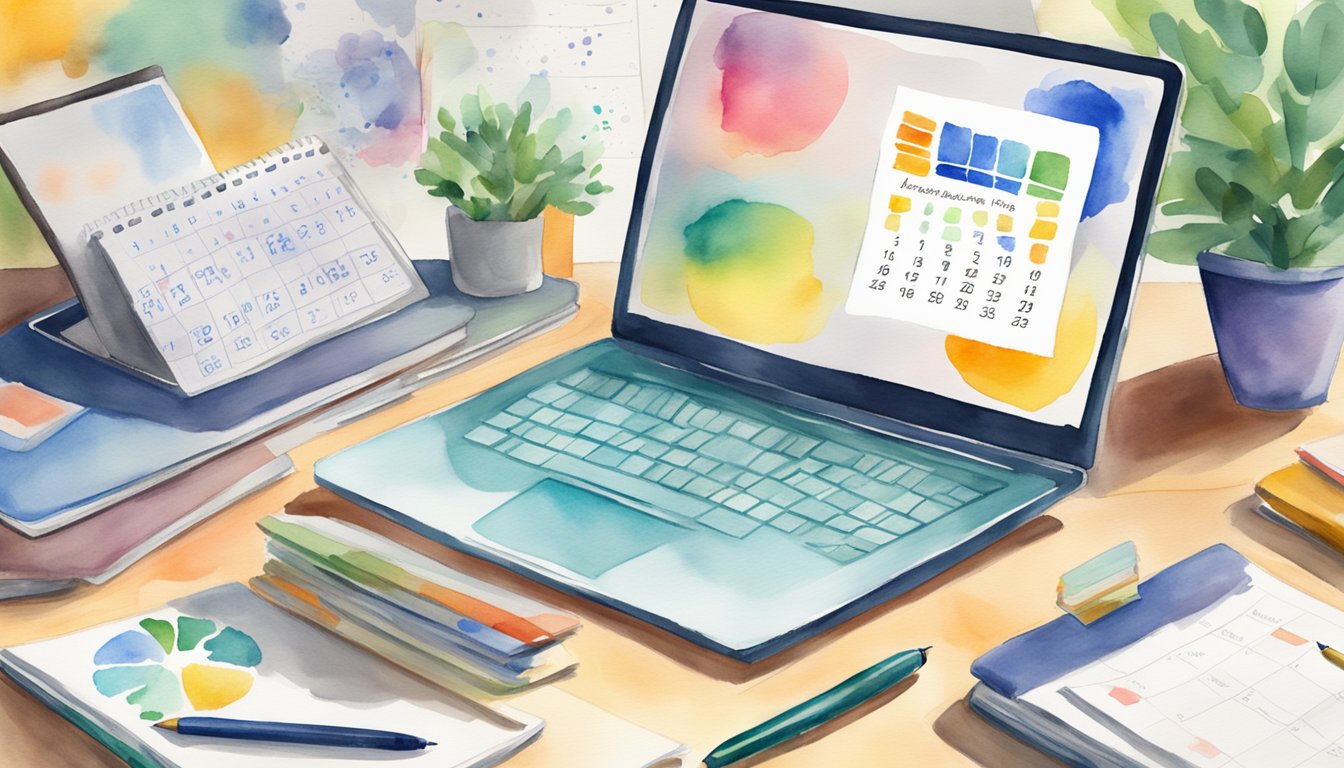 A laptop with multiple tabs open, a notebook, and a pen on a desk.</p><p>A calendar with important dates circled.</p><p>Online college program brochures scattered around