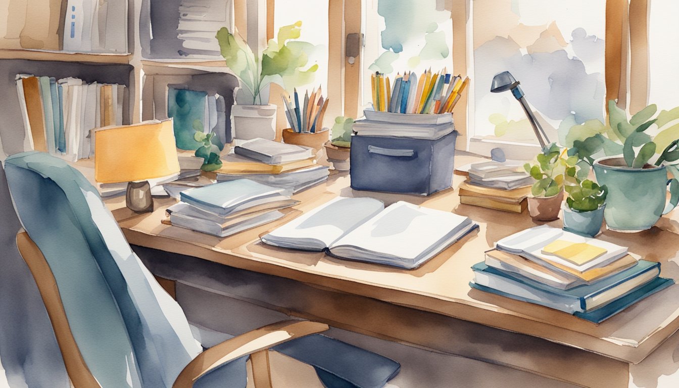 A cluttered desk with scattered textbooks, a planner, and sticky notes.</p><p>A cozy off-campus apartment with a kitchen, living area, and study space