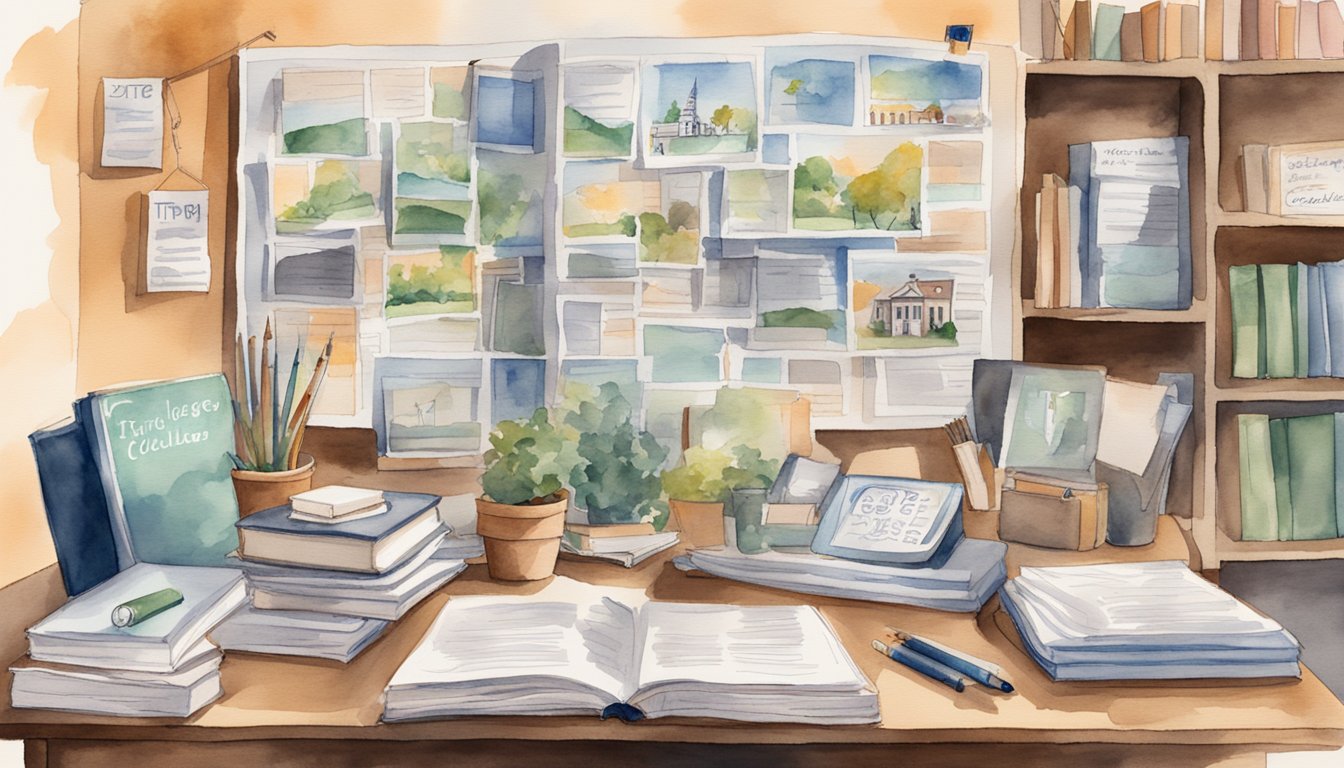 Illustrate a wall covered in photos of successful students, with a sign reading "6 Tips for Finding the Right College Advisor." Books and a desk are nearby